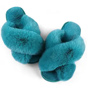 Ankis Womens Fuzzy Memory Foam Slippers Cross Band Cozy Plush Home Slippers Fluffy Furry Open Toe House Shoes Indoor Outdoor Slide Slipper 11-12 Green slippers women women's  slippers