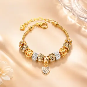 Gold Modular Charm Bracelet for Women, Adjustable 18K Gold Plated Snake Chain with Crystal Heart Pendant & DIY Spacer Beads, Light Luxury Stackable Bracelet for Valentine's Day Birthday Jewelry Gift, Non-Tarnish Alloy Bangle