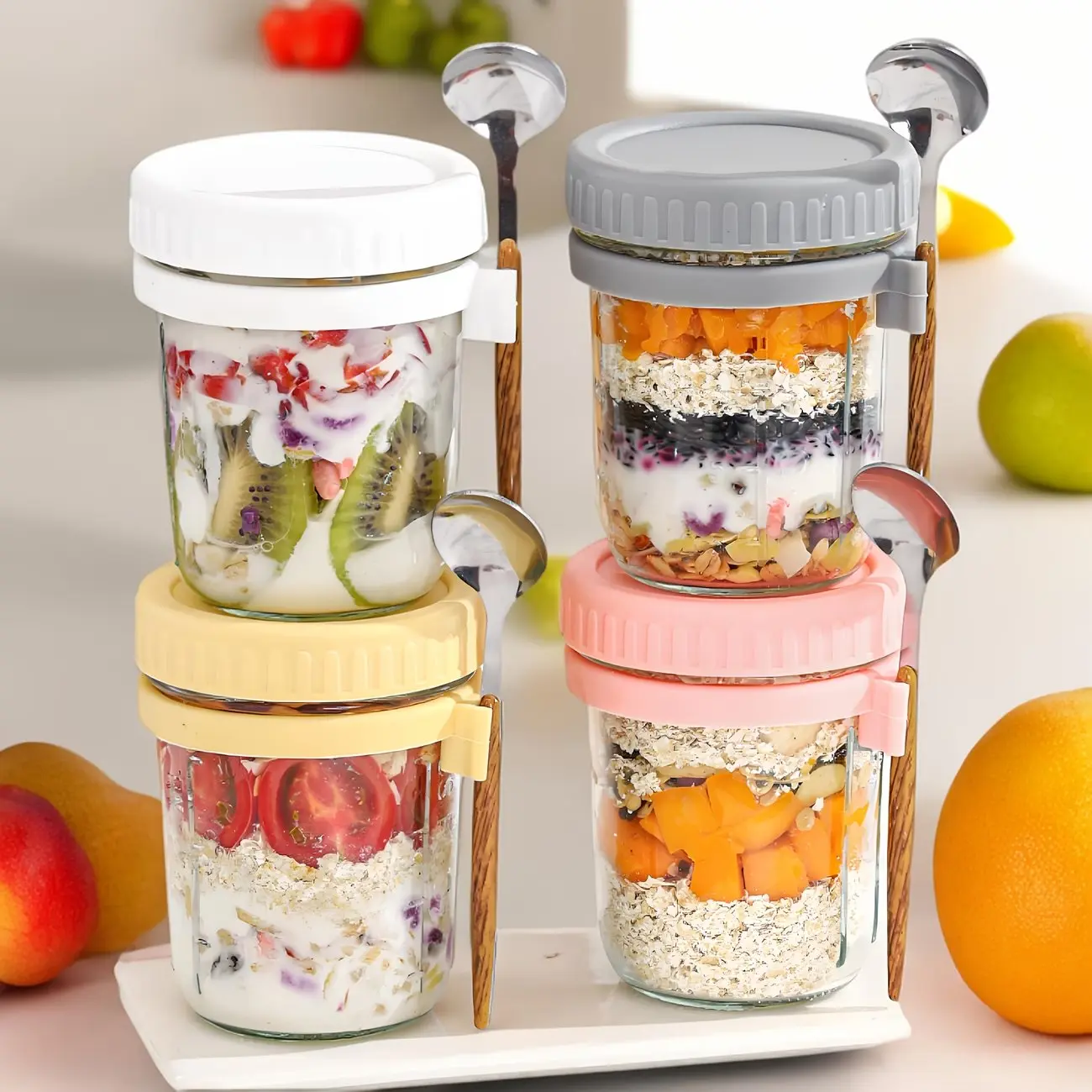 350ml Stackable Glass Overnight Oats Jar for Fridge Storage with Leakproof Silicone Lid & Side Spoon Clip, Scaled Clear Wide Mouth Yogurt Cup, Dishwasher Safe Reusable Container for Office Gym Picnic Batch Meal Prep White Gray Pink