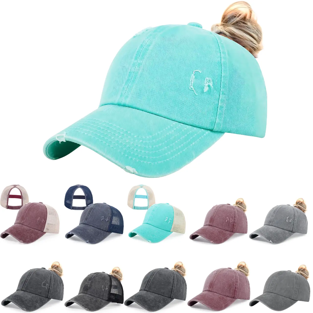 Ponytail Hats Women's Washed Distressed Baseball Cap High Pony Caps Cotton Dad Hat with Ponytail Hole All Seasons
