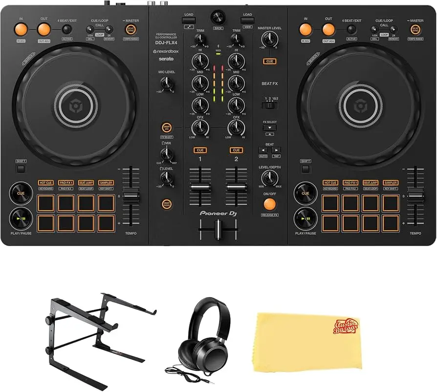 Pioneer DJ DDJ-FLX4 2-Channel DJ Controller - Black Bundle with Laptop Stand, Headphones, and Austin Bazaar Polishing Cloth