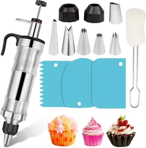 Dessert Decorating Syringe Set Frosting Piping Kit Stainless Steels Cake Decorating Tool 6 Russian Piping Icing Nozzles Cream Scraper Bakeware