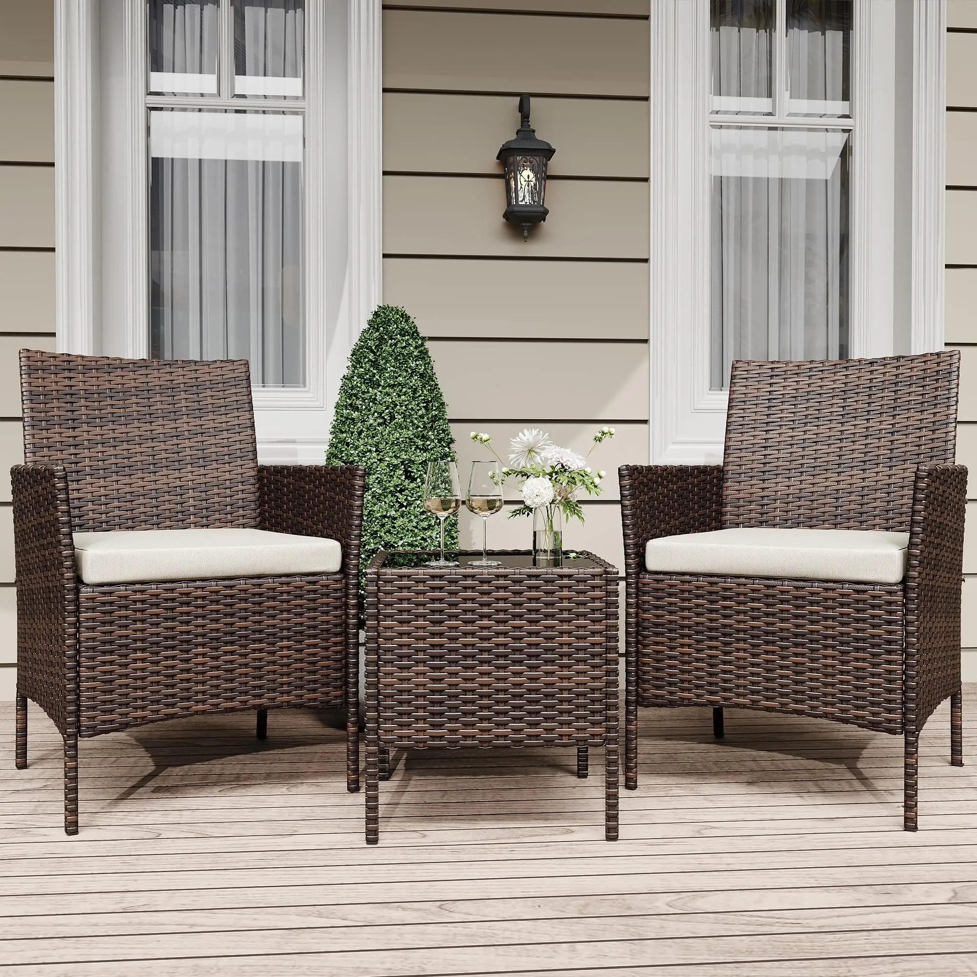 3-Piece Rattan Outdoor Furniture Set,  Wicker Chairs with Soft Cushions & Tempered Glass Coffee Table - All-Weather Patio Set for Garden, Backyard, Porch, Poolside