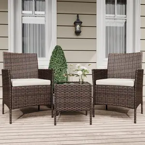 3-Piece Rattan Outdoor Furniture Set,  Wicker Chairs with Soft Cushions & Tempered Glass Coffee Table - All-Weather Patio Set for Garden, Backyard, Porch, Poolside