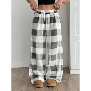 Women’s Casual Plaid Pocket Pants, Front Tie Design, Long Straight-Leg Trousers, Comfortable Fit for Everyday Wear