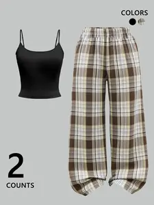 Women's Sleeveless Long Pants Sleepwear Set, Comfortable Plaid Knit Pajamas, Soft and Cozy, Casual Loose-Fitting Nightwear