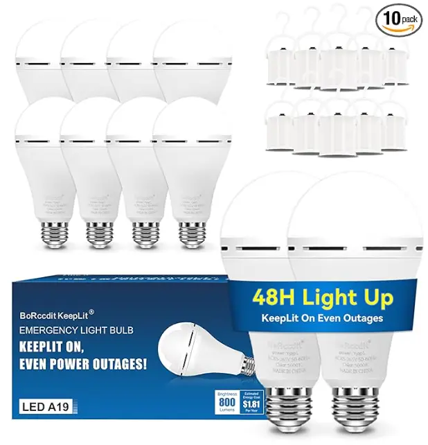 4 Pack Rechargeable Emergency stay Light Bulbs, 1500mAh Battery Backup LED Bulbs, 15W 80W Equivalent E27 Power Outage Lights with Hooks, Daylight,power failure