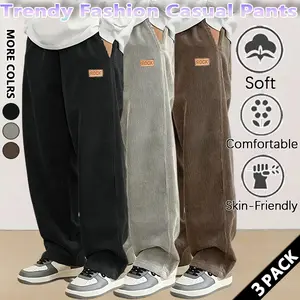 Men's brown chenille casual pants, heavyweight style, loose fit, trendy outdoor sports street style.