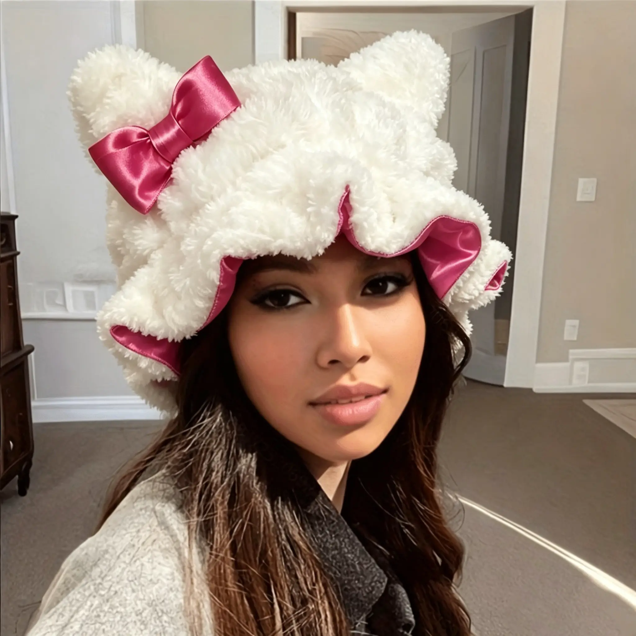 Rose Red Teddy Bear Hat with Cute Ears & Bow - Plush Fluffy Exterior with Silky Smooth  Lining for Hair Protection, Adjustable Sleep Bonnet for Women & Girls, Prevents Frizz & Breakage While Sleeping, Perfect for Daily Wear, Travel & Holiday Gifts Luxury