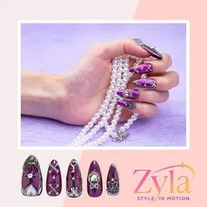 Holiday Deals 10Pcs Punk Purple Trend Medium Almond Press On Nails  Glitter Metal Accent No Salon Time PartyNails Events Evenings Zyla Daily Shine easter summer