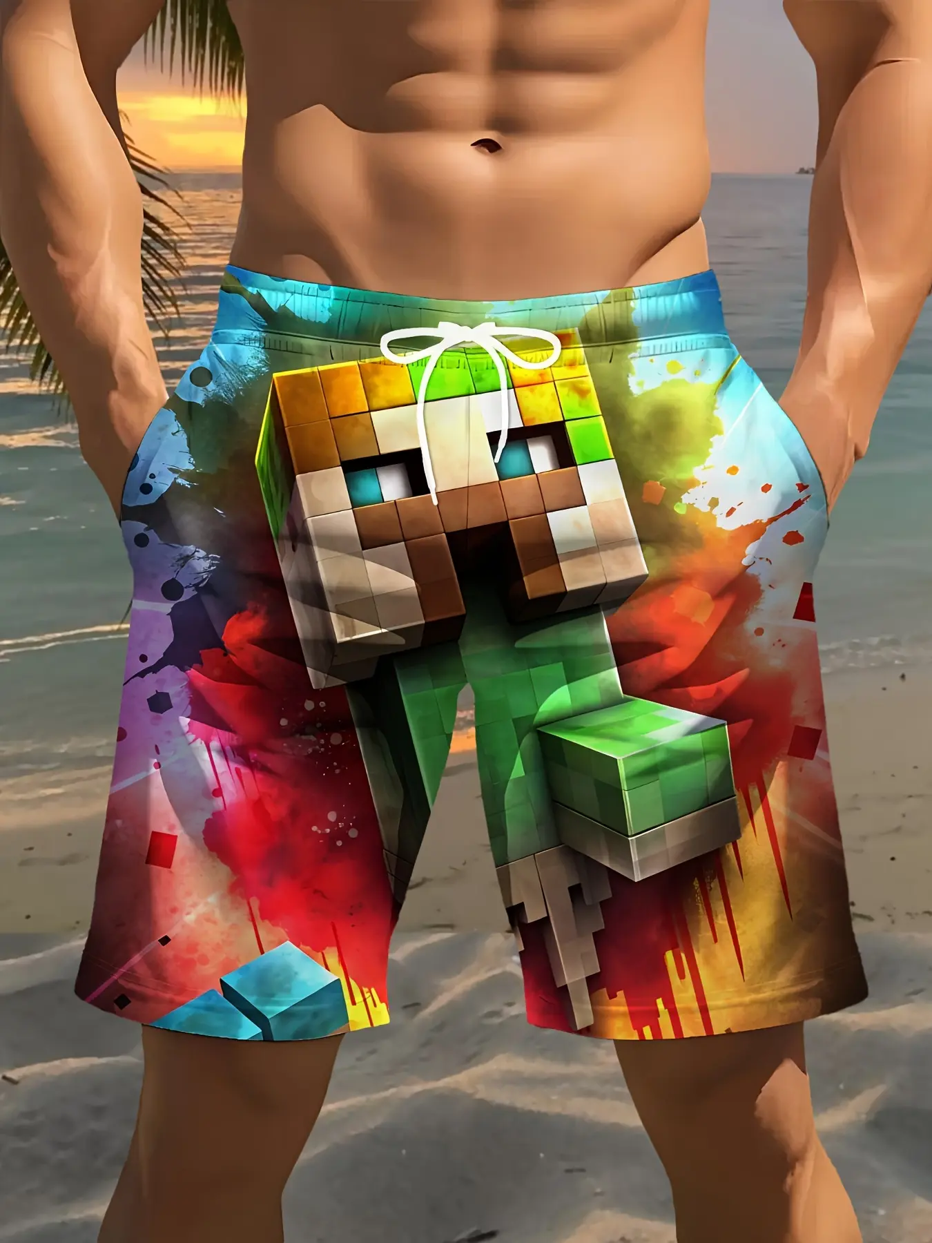 Men'S Beach Shorts with Creeper Pattern 3D Print - Vibrant Colorful Design, Drawstring Waist, Lightweight Polyester, Perfect for Summer Vacations, Golf, Fishing, Camping, Gym & Swimming, Beach Shorts