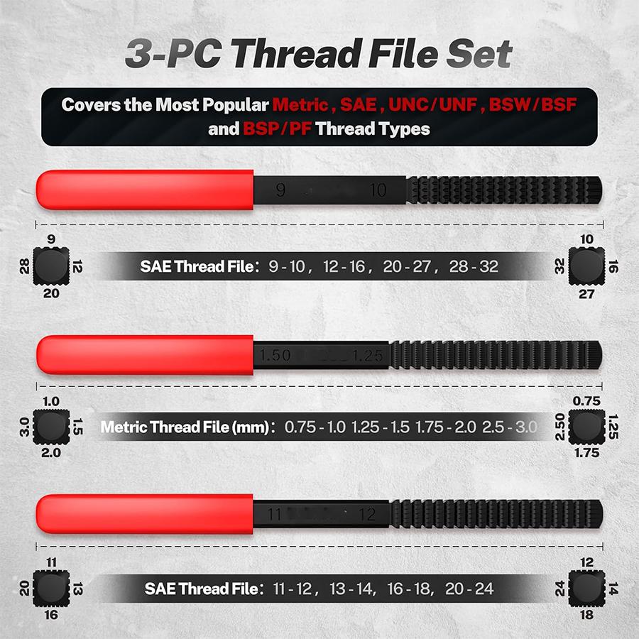 GJANSH 3 Pcs Thread File Set, SAE & Metric Thread Restorer Files, Thread Chaser Repair Tool for Damaged External Threads