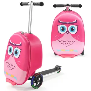 Kids 20-Inch Ride-On Carry-On Luggage, 20L Capacity Scooter Suitcase with Flash PU Wheels, Adjustable Handle, TPR Non-Slip Grip, Foldable Lightweight Design for Ages 5+ (Pink) retractable holiday birthday gift