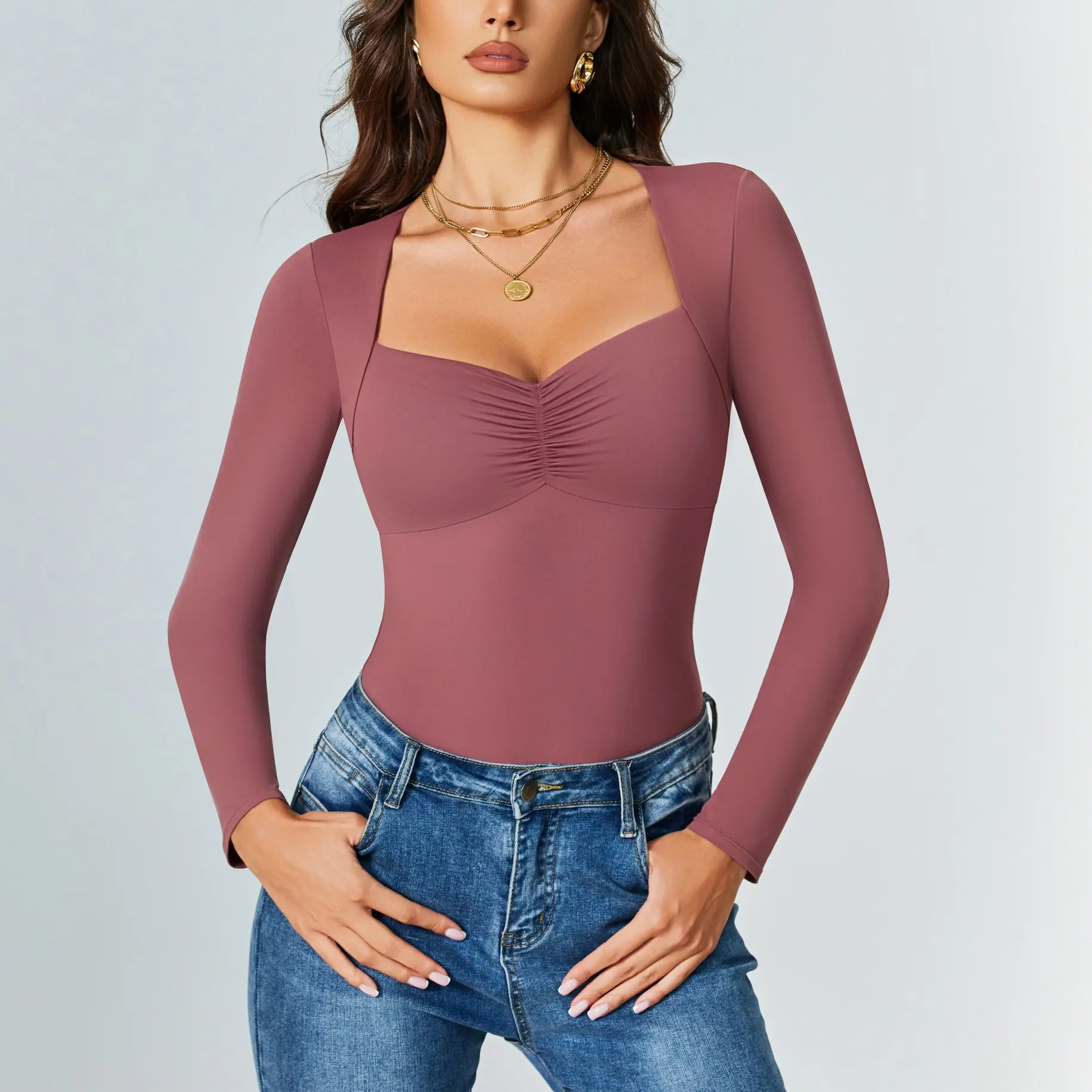 Avidlove Women's Sexy Sweetheart Neckline Bodysuit Tops Long Sleeve Double Lined Thong Body Suits Ruched Outfits