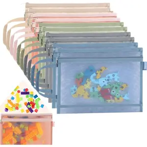 PrimPick 10 Packs Toy Storage Bags, Colored Toy Organizing Bag, 2Layers Mesh Zipper Pouch, for Building Blocks, Puzzles, Board Games Storage and Organization, Space Saver Bags (A4)