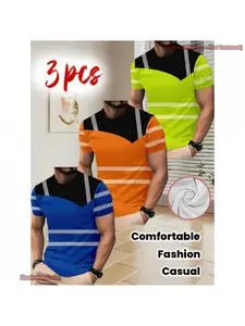 3-piece men's color-matched striped T-shirt - A soft and breathable polyester round-neck top with a patchwork design. Suitable for family, outdoor and special occasions. Regular casual fit for daily wear. Machine washable color-matched pattern design.