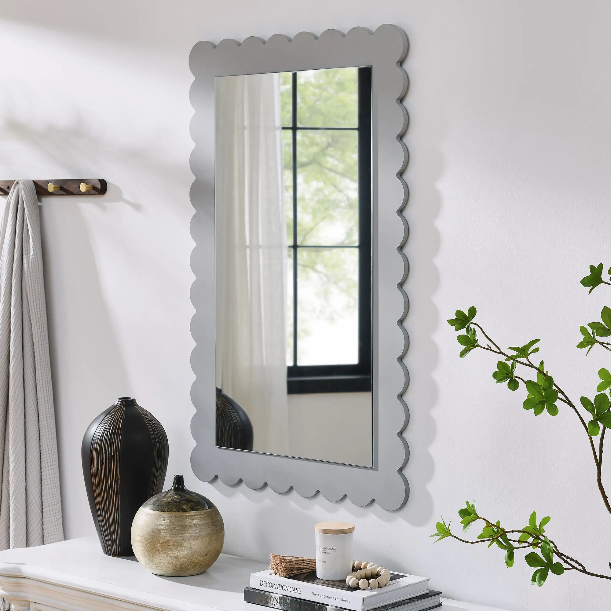 Emmeline Scalloped Rectangle Wall Mirror, Light Gray Hanging Mirror for Vanity, Living Room Room Decor