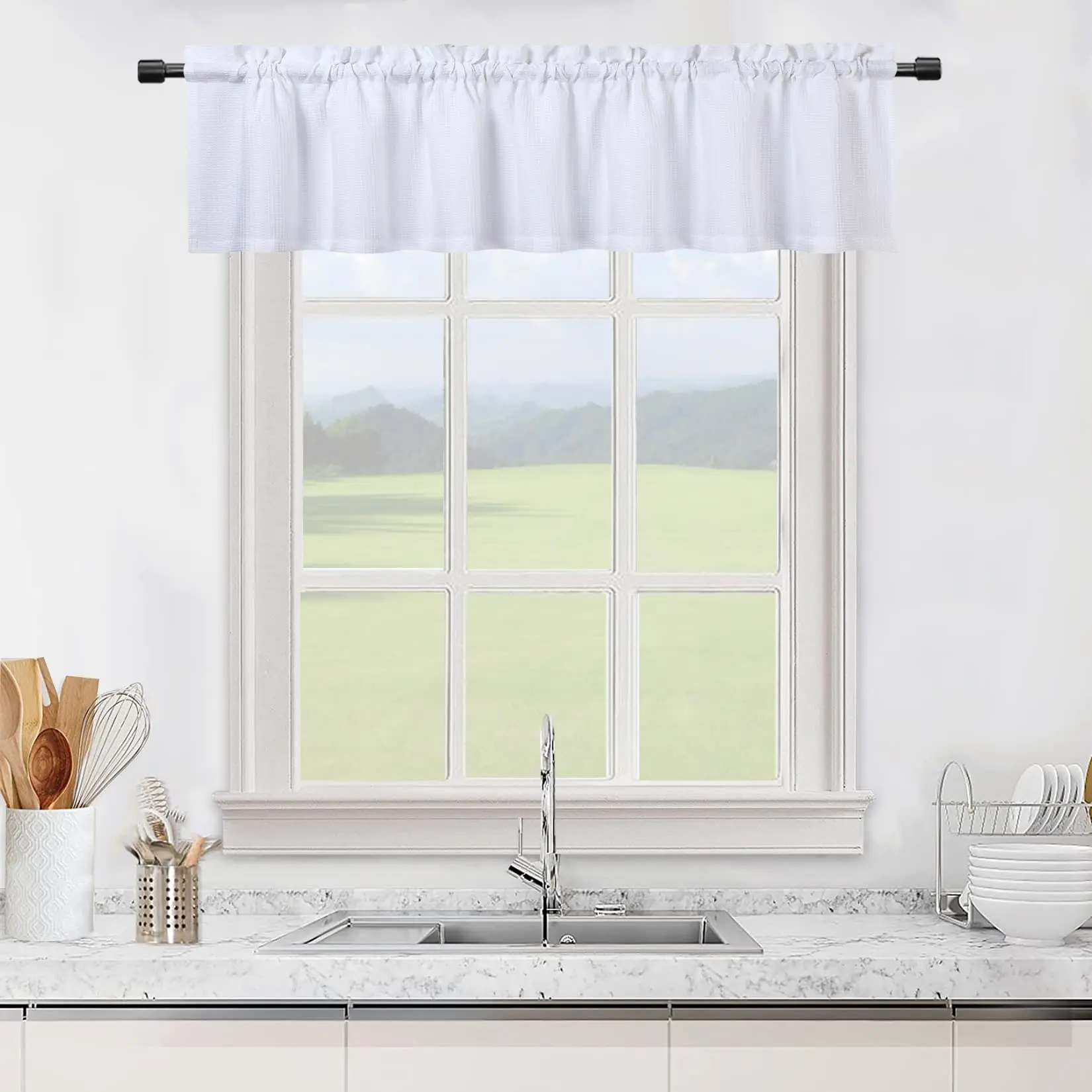 Kitchen Curtains Valance - Waterproof Short Window Tier Curtains for Bathroom & Cafe 60" x 15" White Window Treatment for Small Windows & Living Room