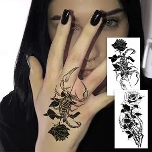 2pcs Dark-Style Temporary Tattoos Featuring Scorpions, Roses, And Skulls. Waterproof Body Art Fake Tattoo And Suitable For Men And Women On Hands, Arms, Shoulders, Waist, Legs, And Ankles. Perfect For Parties, Cosplay, And Body Decorations.