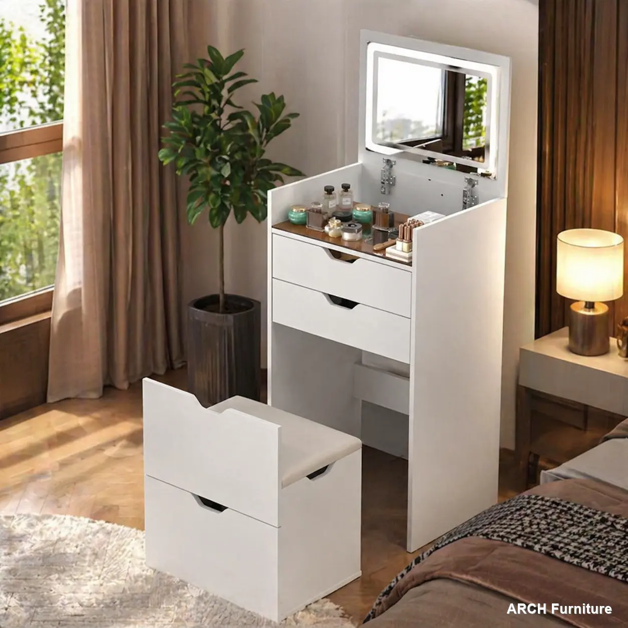 Modern Arch Vanity Desk Set - LED-Accented Mirrored RGB-Lit Simple Dressing Table, 3-Color LED HD Mirror, Engineered Wood Vanity Chair, 2 Sliding Drawers, Hidden Storage Stool, Easy-Assembly Bedroom Furniture, Led-Accented Dressing Tables