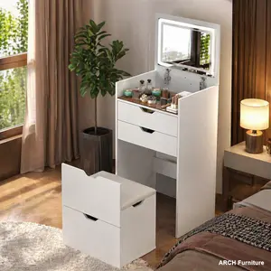 Modern Arch Vanity Desk Set - 3-Color LED Lighted HD Mirror, Engineered Wood Chair for Vanity, 2 Sliding Drawers, Hidden Storage Stool, Easy-Assembly Multifunctional Makeup Dressing Table for Bedroom