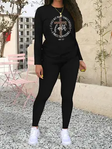 Women's Faith Cross Letter Print Casual Sportswear Set, Fashionable Long Sleeve Top & Tight Pants, Fall & Winter Fitted Sweatsuit Set