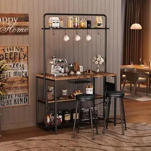 GAOMON Industrial Kitchen Island Dining Table with Power Outlet – Includes 2 Bar Stools, 3-Tier Storage Shelves, 5 Hooks, Microwave Stand – Multifunctional Coffee Bar for Dining Room, Living Room