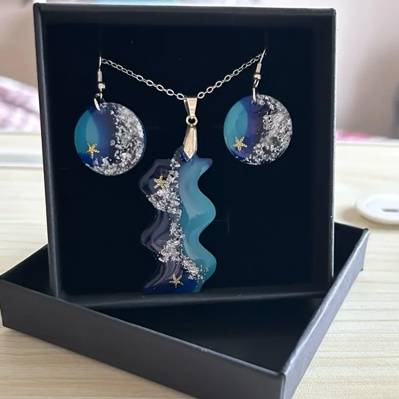 SCS-RSST-003 Ocean Waives Resin Set - Blue Resin with Gold Stars, Includes Necklace and Earrings, Gift Boxed