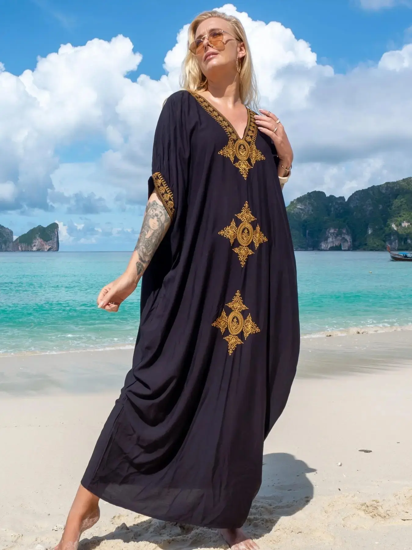 Women's Plus Size Ethnic Pattern Batwing Sleeve V Neck Kaftan Dress, Casual Elegant V Neck Long Dress for Beach Holiday Vacation, Ladies Summer Clothes
