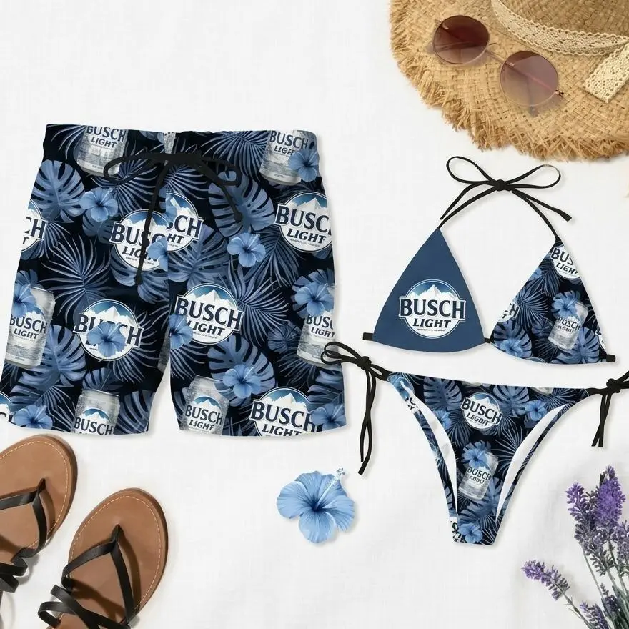 Busch Tropical Forest Matching Couple Swimsuit Set – Nature Inspired Bikini & Men’s Swim Trunks, Summer Hawaii Beach Outfit, Lightweight Quick Dry Honeymoon Swimwear, Gift for Beer Lover