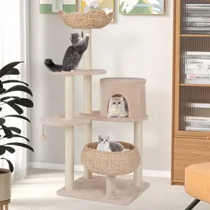 COSTWAY - 59 Inches Cattail Cat Tower with Sisal Scratching Posts and Soft Hammock-Beige
