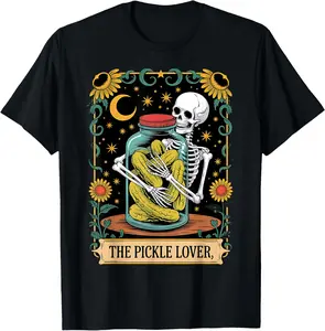 The Pickle Lover Tarot Card Skeleton Summer Casual Short Sleeve Cotton T-Shirt