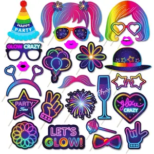 25 count Glow Neon Photo Booth Props with Stick, Photo Props for Birthday Let's Glow Themed Neon Glow in The Dark Disco Black Light Party Decoration Supplies