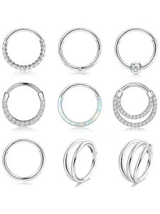 9Pcs 16G Septum Ring Surgical Steel Nose Rings CZ Septum Piercing Segment Clicker Nose Rings Cartilage Helix Earrings Tragus Conch Daith Earrings Piercing Jewelry 8mm/10mm