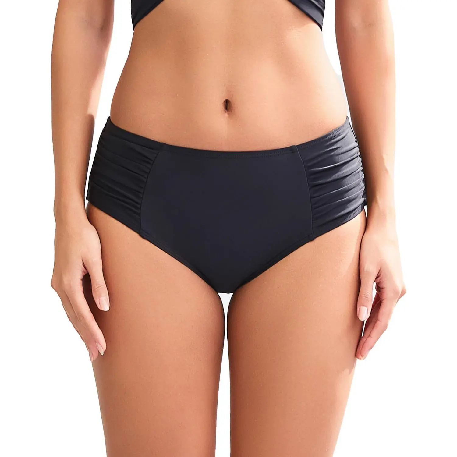 Women's Mid-Rise Full Coverage Ruched Tummy Control Swim Panty with Drawstring Bikini Bottoms, Ruched Swim Panty, Bikini Swimwear, Full Coverage Bikinis