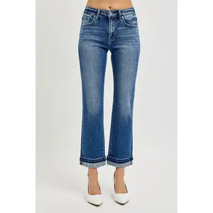 RISEN Mid Rise Ankle Straight Cuffed Jeans