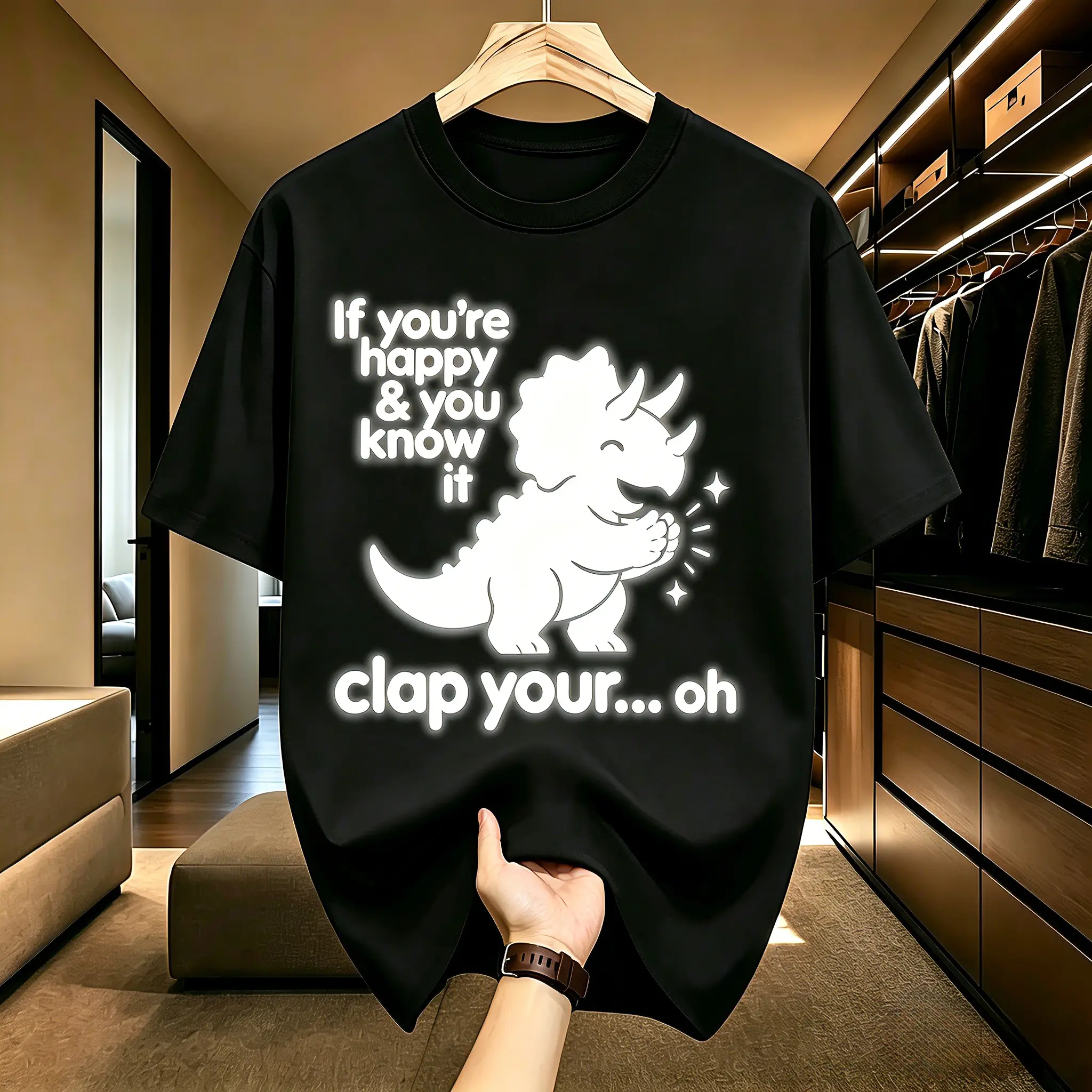 Unisex Black Cotton Crew Neck T-Shirt, Funny If You're Happy And You Know It Clap Your Oh Cartoon Triceratops Soft Glow Front Chest Print Graphic Tee, Silly Hidden Joke Casual Top Gift For Dinosaur Lovers & Family