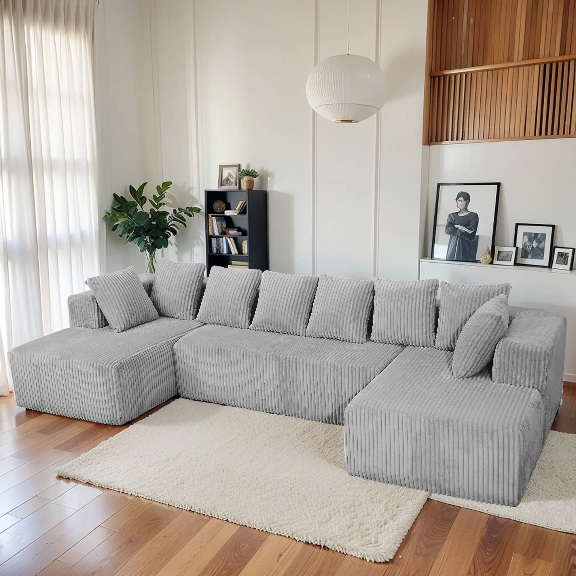 131" Corduroy Cloud Modular U-Shaped Sectioned Sofa with Chaise Lounge, Boneless Deep Seat Upholstered Modern Premium Multi-Seat Sofa Sets, No Assembly Required, Free Combination Living Room Furniture, Upholstered Sofas, Modern Sofa Sets