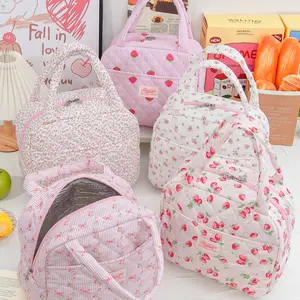 Bow&Floral Lunch Bag Quilted Strawberry Insulated Lunch Bag Bento Bag Fruit Food Storage Bag Tote Lunch Bag Bags Lightweight Reusable Large Capacity Handheld Cooler Tote Bag with Pockets Picnic Bag Leak proof Lunch Tote Bag Portable Lunch Bag