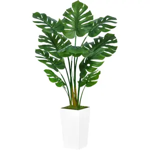 Artificial Monstera Deliciosa Plant 5FT - Faux Tropical Palm Tree with White Tall Planter - Fake Swiss Cheese Floor Plant Potted - Artificial Tree for Home Office Living Room Decor Indoor