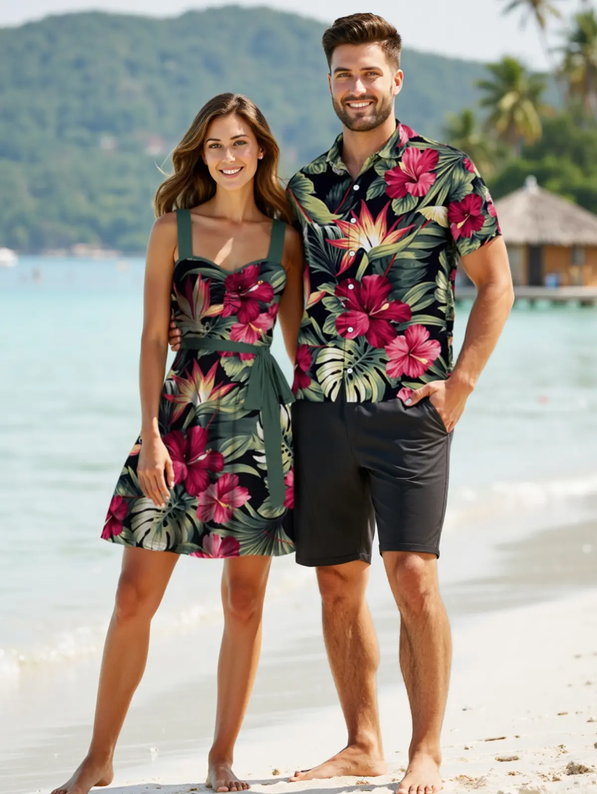 DRESSLILY 2026 Vacation Couple Outfit Women's Tropical Floral Leaf Pattern Ruched Bust Belt Dress and Men's Button Up Shirt & Beach Shorts Hawaii Matching Set
