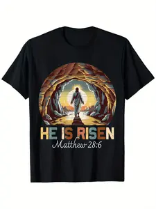 He Is Risen Jesus Empty Tomb Christian T-Shirt Matthew 28:6 Bible Verse - 100% Cotton Comfort Fit Unisex Short Sleeve Round Neck Tee for Easter Christmas Church Gatherings - Ideal Religious Gift for Men Women Family