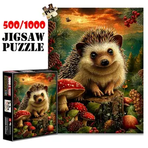 1pc 1000 piece adult puzzle 70x50cm Cute Hedgehog in Forest Scene with Mushrooms and Pinecones 500 pieces of paper jigsaw puzzle, suitable for adults and families, large-scale DIY puzzle interactive