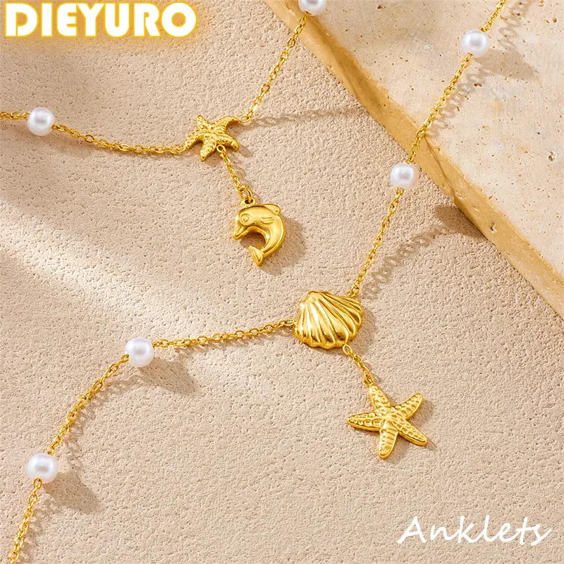 316L Stainless Steel Pearl Sea Star Dolphin Scallop Pendant Anklets For Women New Waterproof Foot Chain Jewelry Gift
