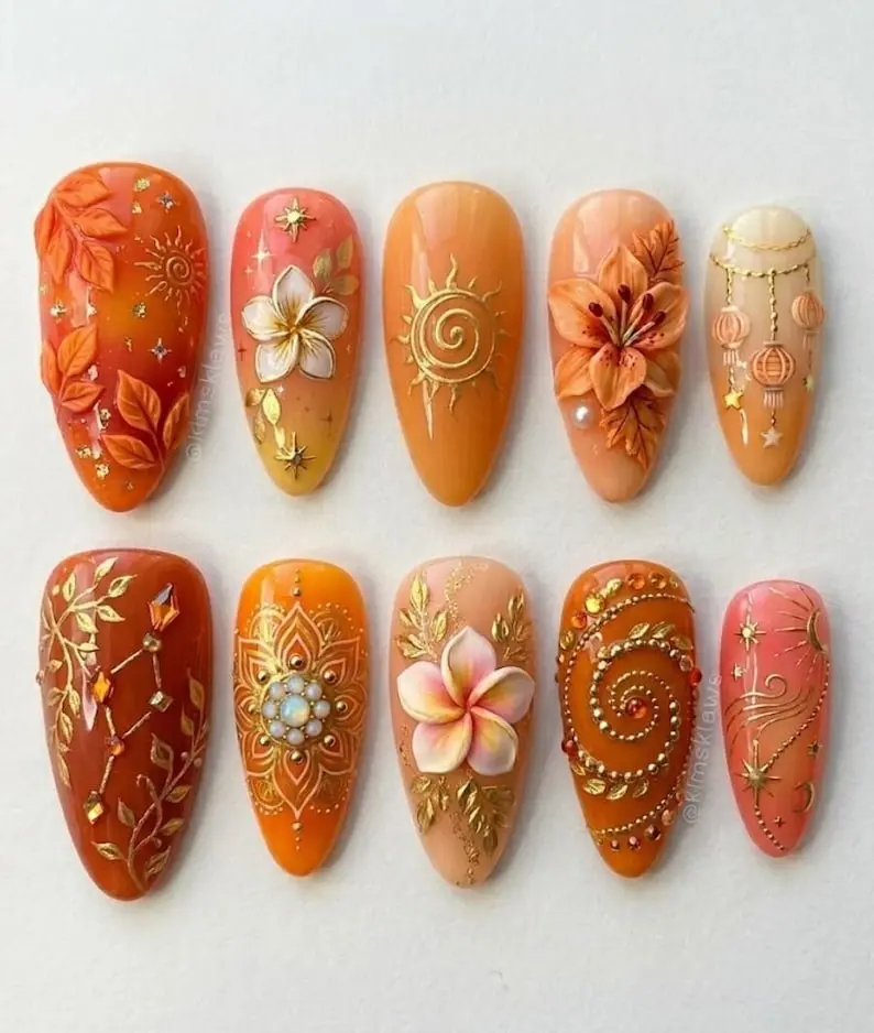 Sunset Orange Harvest Press On Nails 3D Plumeria Flower Lily And Sun Art Luxury Gold Filigree