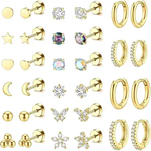 16 Pairs Surgical Steel Flat Back Earrings Gold Hoop Earrings Sets for Multiple Piercing Hypoallergenic 20G Gold Earring Studs for Women Cartilage Flatback Earrings Stacks Helix Piercing Jewelry