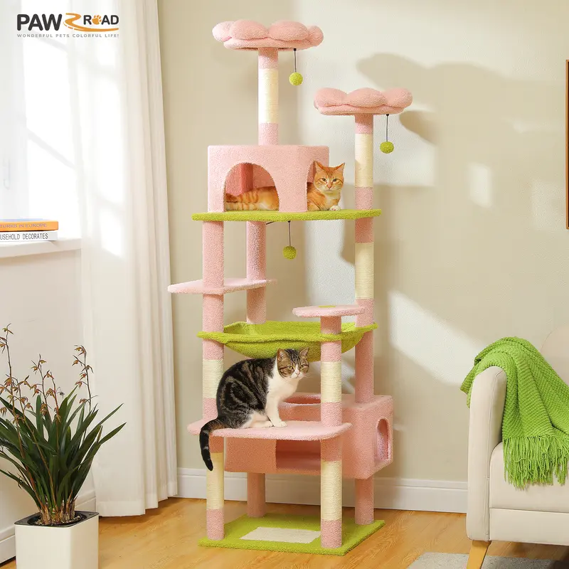 PAWZ Road Large 72-Inch Flower or Cactus Cat Tree & Tower for Indoor Cats - Sisal-Covered Scratching Posts, Padded Perches, Condos, Basket - Gray/Dark Gray/Beige 8-Level Vertical Scratcher