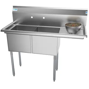 48 in. Two Compartment Stainless Steel Commercial Sink with Drainboard, Bowl Size 15"x 15"x 12" SB151512-15R3.