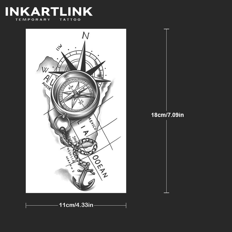 INKARTLINK Tattoo Tech, 2 Sheets Semi-Permanent Temporary Tattoos ,Anchor Compass,Adult Art Design,Lasts 1-2 Weeks, Waterproof, Realistic Look, No Adhesive, No Reflection,For Man And Woman,Ideal for Swimming, Party
