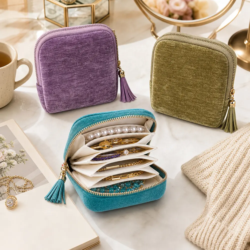 3 Packs Travel Jewelry Storage Bag for Women, Velvet Portable Jewelry Organizer with Tassel Zipper, Small Pouches for Bracelets Necklaces Rings Earrings, Wedding Gift